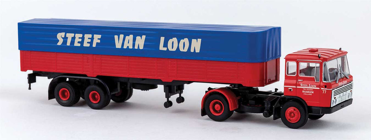 1960s DAF FT 2600 Tractor w/Covered Low-Side Trailer - Assembled -- Steef van Loon (blue, red, white, Dutch Lettering)