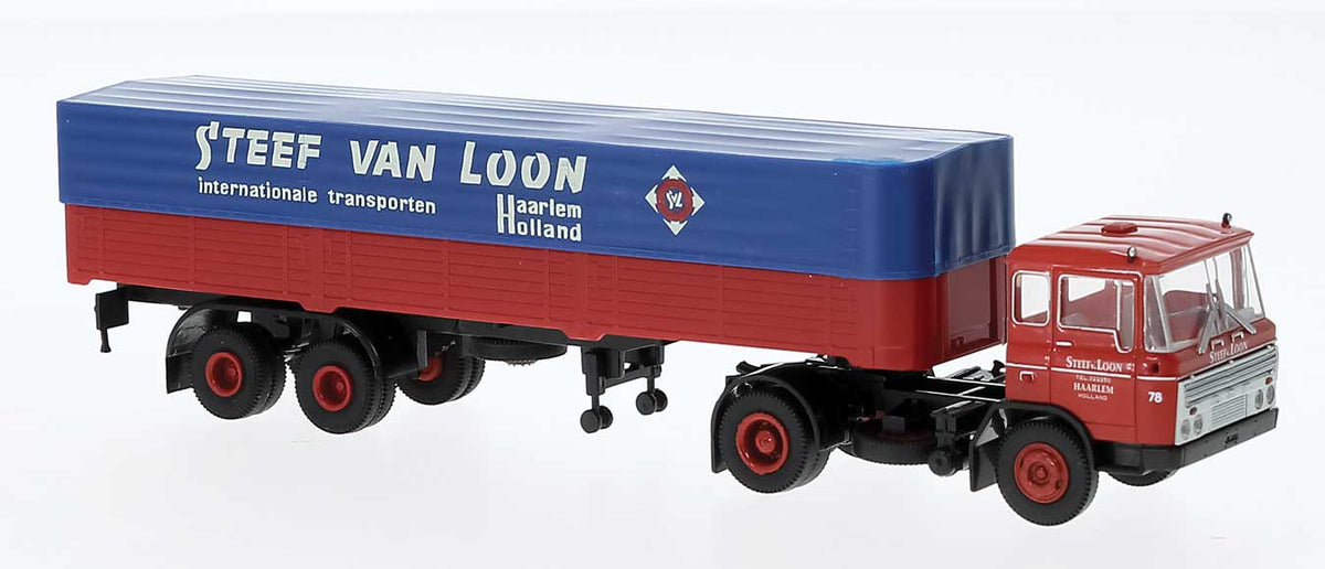 1960s DAF FT 2600 Tractor w/Covered Low-Side Trailer - Assembled -- Steef van Loon (blue, red, white, Dutch Lettering)