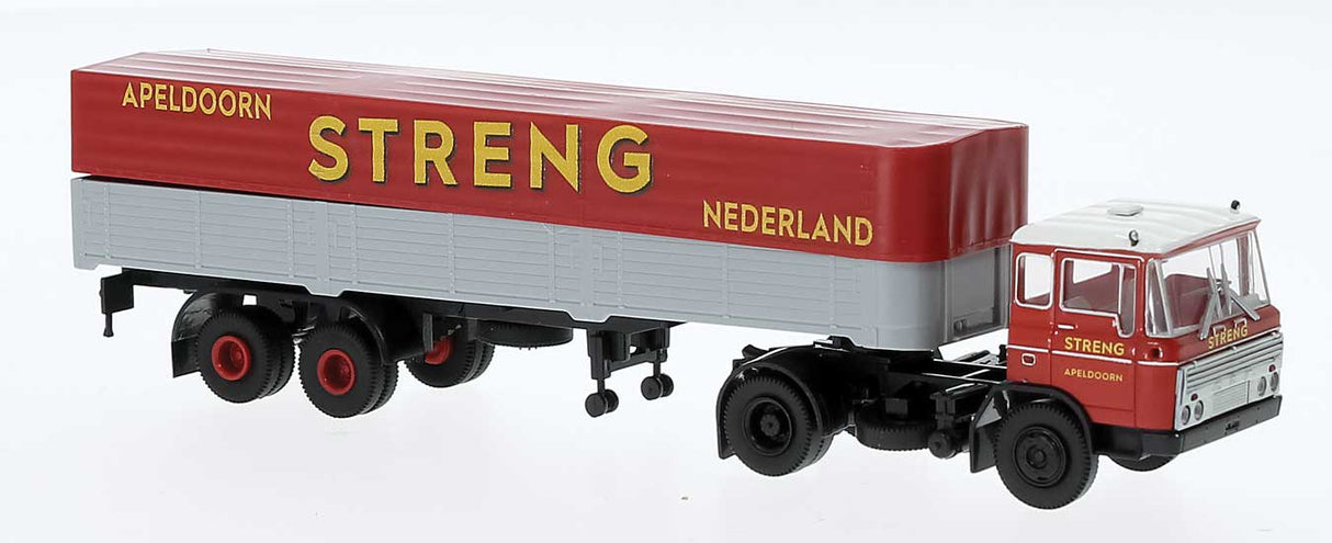 1960s DAF FT 2600 Tractor w/Covered Low-Side Trailer - Assembled -- Streng (red, gray, white, Dutch Lettering)