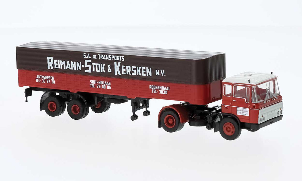 1960s DAF FT 2600 Tractor w/Covered Low-Side Trailer - Assembled -- R.S.K. (red, white, black, Dutch Lettering)