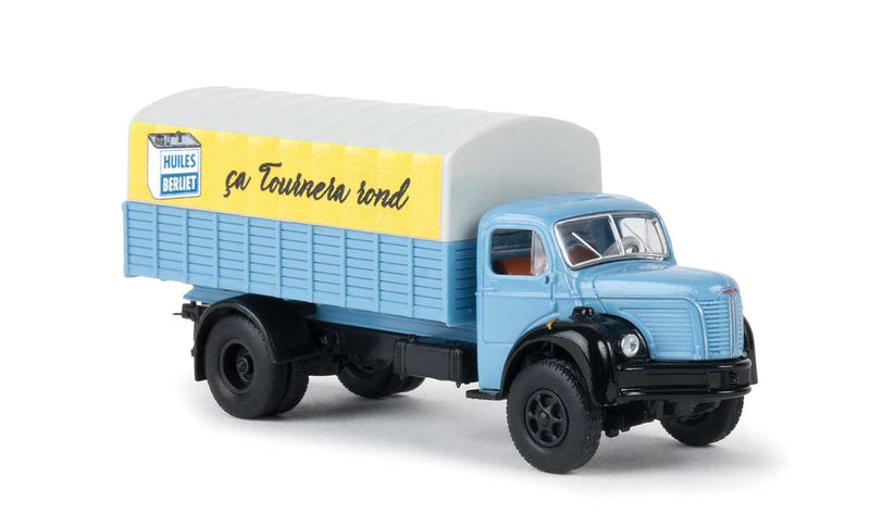 1949-1963 Berliet GLR 8 Low-Side Delivery Truck w/Tarp Cover - Assembled -- Huiles Berliet (blue, yellow, black, French Lettering)