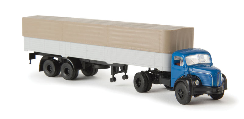 1949-1963 Berliet GLR 8 Tractor w/Low-Side Trailer & Tarp Cover - Assembled -- Blue, Black