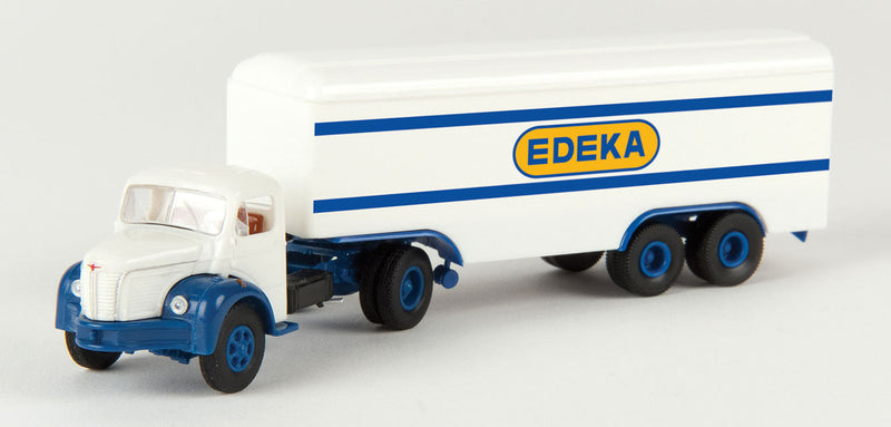 1950s Berliet TLR 8 Tractor w/Van Trailer - Assembled -- Edeka Saarland (white, blue, yellow)