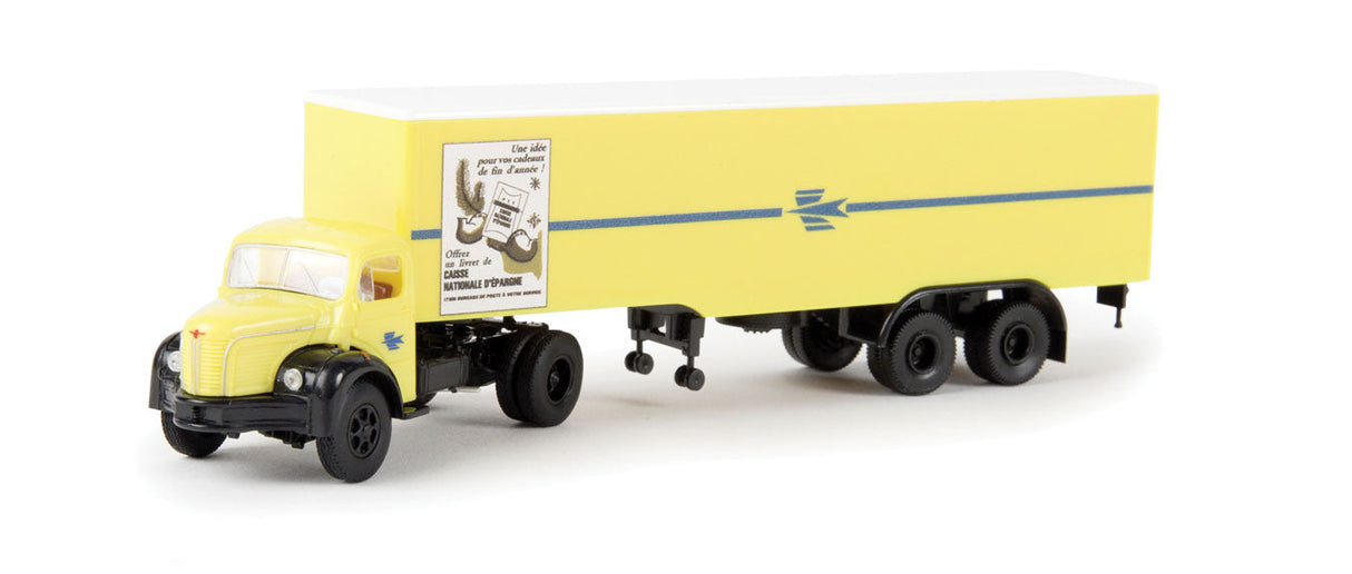 1950s Berliet TLR 8 Tractor w/Trailer - Assembled -- French Post Office La Poste (yellow, black, blue, French Lettering)