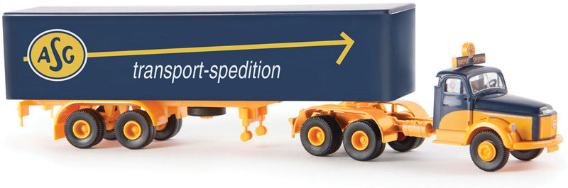 1951-1973 Volvo N88 Tractor w/Van Trailer - Assembled -- ASG (blue, yellow, German Lettering)