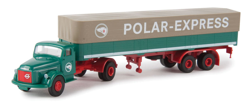 1951-1973 Volvo N88 Tractor w/Covered Low-Side Trailer - Assembled -- Polar Express (green, red, white)