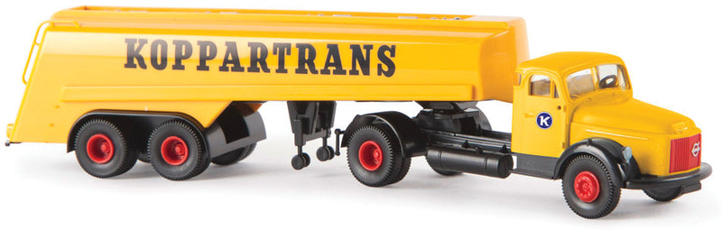 1951-1973 Volvo N88 Tractor w/Tank Trailer - Assembled -- Koppartrans (yellow, red, black)
