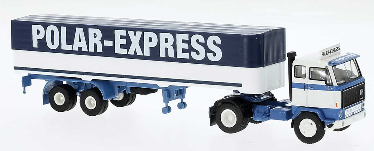 1972 Volvo F89 Tractor with Low-Side Trailer & Tarp Cover - Assembled -- Polar-Express (blue, white)