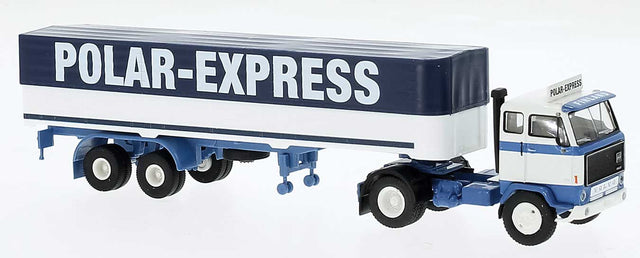 1972 Volvo F89 Tractor with Low-Side Trailer & Tarp Cover - Assembled -- Polar-Express (blue, white)