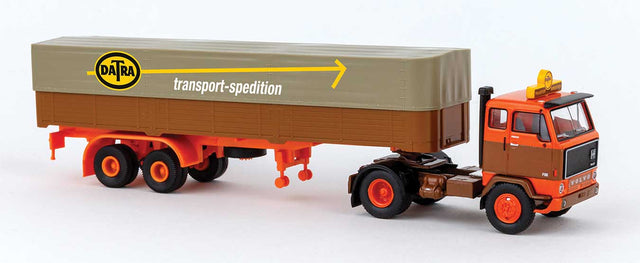 1972 Volvo F89 Tractor with Low-Side Trailer & Cover - Assembled -- Datra (brown, orange, Danish Lettering)