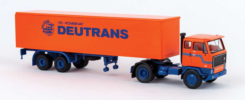 1972 Volvo F89 Tractor with Low-Side Trailer & Cover - Assembled -- Deutrans (orange, blue, German Lettering)