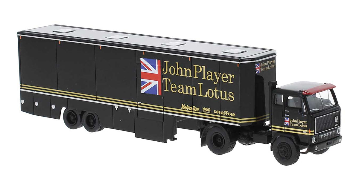 1972 Volvo F89 Tractor with Racing Trailer - Assembled -- John Player Team Lotus (black, gold)