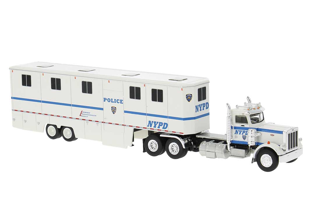 1973 Peterbilt 359 Day-Cab Tractor with Horse Trailer - Assembled -- New York Police Department NYPD (white, blue)