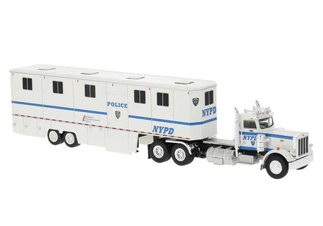 1973 Peterbilt 359 Day-Cab Tractor with Horse Trailer - Assembled -- New York Police Department NYPD (white, blue)