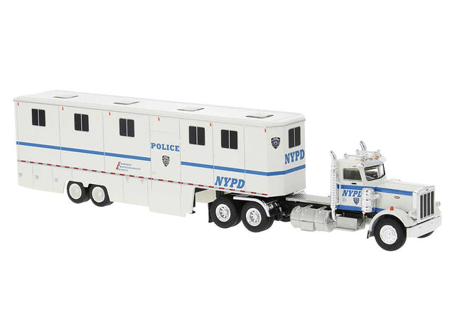 1973 Peterbilt 359 Day-Cab Tractor with Horse Trailer - Assembled -- New York Police Department NYPD (white, blue)