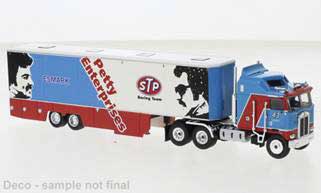 Kenworth K100 Aerodyne Sleeper-Cab Semi Tractor w/Racing Trailer - Assembled -- Richard Petty Enterprises (blue, red, white, black)