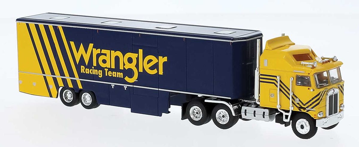 Kenworth K100 Aerodyne Sleeper-Cab Semi Tractor w/Racing Trailer - Assembled -- Dale Earnhardt Team (Wrangler, blue, yellow)