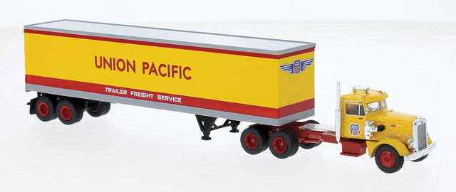 1955 Peterbilt 281 Semi Tractor with Van Trailer - Assembled -- Union Pacific (Armour Yellow, red, gray)