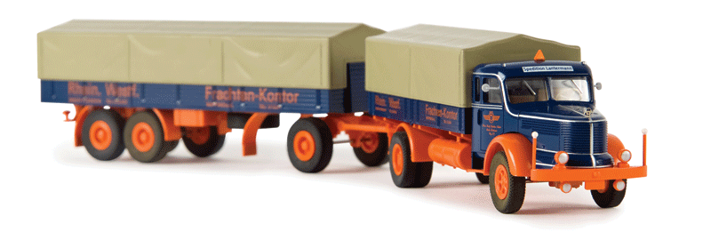 1950s Krupp Titan Low-Side Truck w/Trailer - Assembled -- With Tarp Cover, RFWK (blue, orange, German Lettering)-1