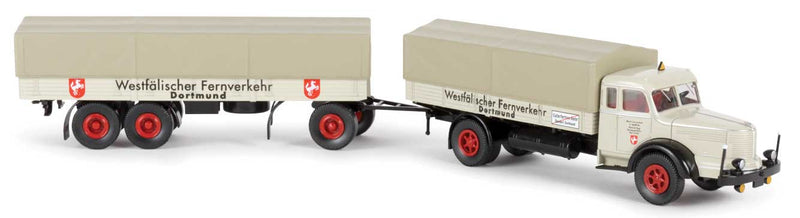 1950s Krupp Titan Low-Side Truck w/Trailer - Assembled -- Westfalischer Fernverkehr (gray, red, German Lettering)