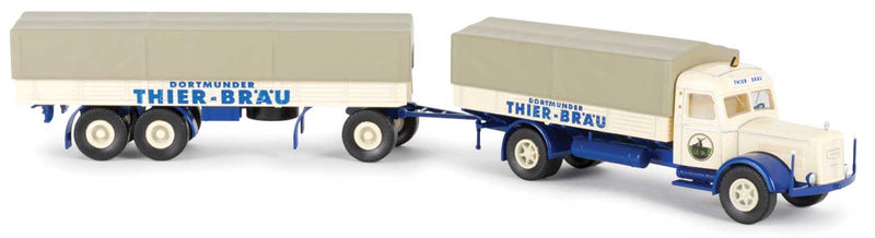 1950s Kaelble K 832 L Low-Sided Truck & Trailer w/Tarp Cover - Assembled -- Dortmunder Thier Brau (white, blue, German Lettering)