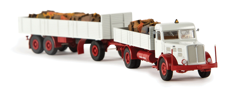 1950s Faun L8L Low-Sided Truck & Trailer w/Scrap Metal Load - Assembled -- White, Red