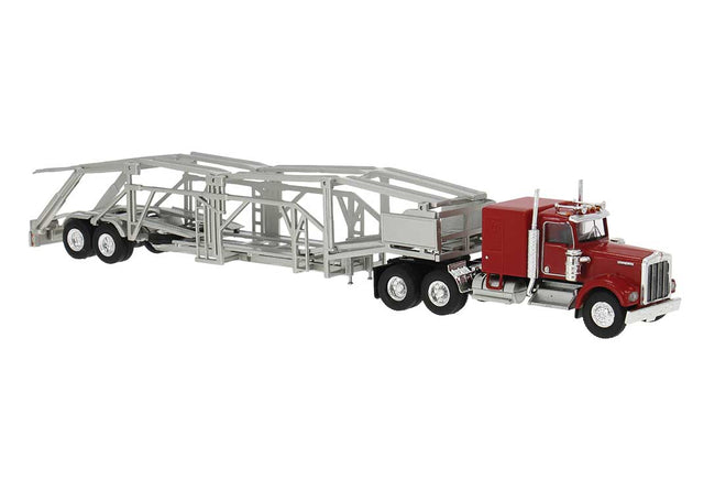Kenworth W900 Semi Tractor w/Sleeper Cab & Auto Carrier Trailer  - Assembled -- Red, Silver