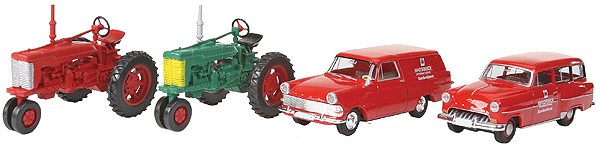 McCormick Vehicle Set - Assembled -- 1 Each Opel Rekord PII Kasten Cargo & Passenger Wagons, 2 Farm Tractors