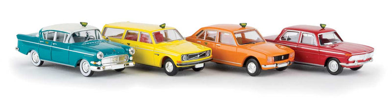 German Taxi 4-Vehicle Set 3 - Assembled -- 1 Each: Opel Kapitan, BMW, Peugeot, Volvo 145