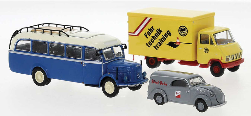 Austrian Vehicle Set - Assembled -- 1 Each: Steyr 590 Box Truck, 1930s Steyr Baby, 1954 Steyr 380/I Bus