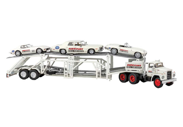 1960-1976 Dodge LCF Tractor with Auto Carrier Trailer - Assembled -- Hurricane (white, red, black)