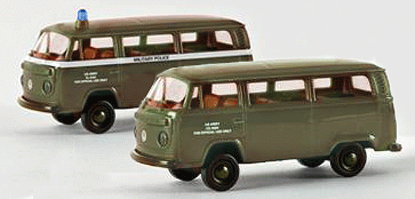 Volkswagen T2 Van Set - Assembled - Walthers Exclusive -- 1 US Army & 1 US Army Military Police w/Non-Operating Rooftop Light (olive)