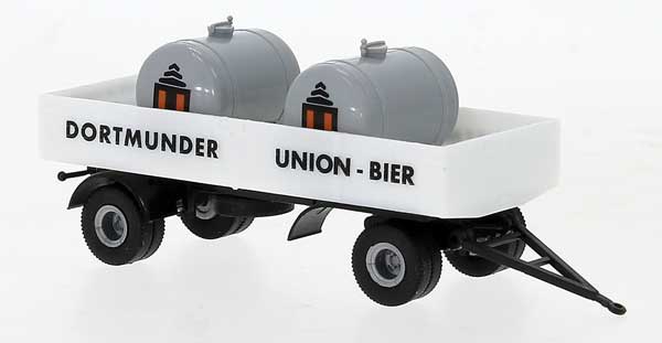 Low-Side Trailer w/Tank Load - Assembled -- Dortmunder Union Beer (white, black, German Lettering)
