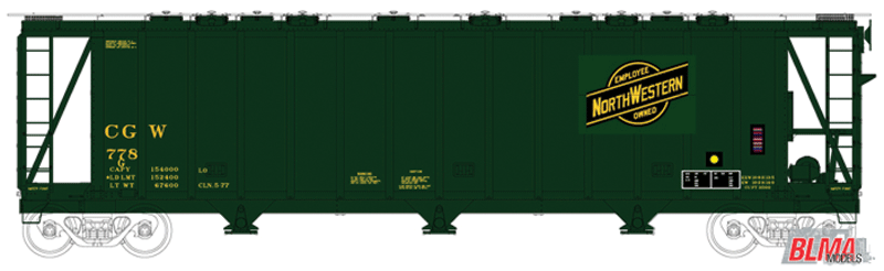 General American 3500 Dry-Flo 3-Bay Covered Hopper - Ready to Run -- Chicago Great Western #778 (green, CNW Employee Owned Logo)