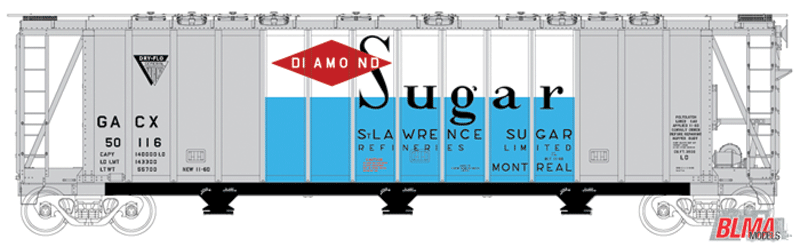 General American 3500 Dry-Flo 3-Bay Covered Hopper - Ready to Run -- Diamond Sugar GACX #50116 (gray, blue, white, red, Billboard Lettering)