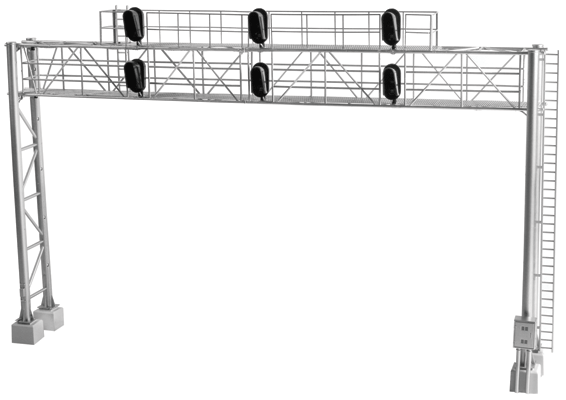 Modern Triple-Track Signal Bridge w/6 LED 3-Aspect Heads - Assembled -- 8-9/16"  21.7cm Leg Spacing
