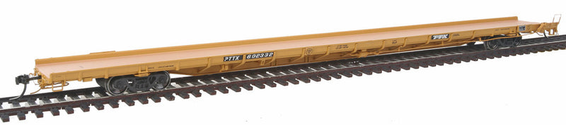 ACF F89-J 89' Flatcar w/Bulk/Pipe Riser Details - Ready to Run -- Trailer-Train PTTX #602332 (yellow, black)
