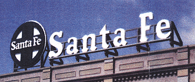 Laser-Cut Wood Billboards - Small for Z, N & HO -- Santa Fe - Round Herald & Name  3-3/4 x 1-13/64"  9.3 x 3cm