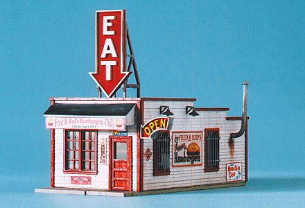 Laser-Cut Wood Billboard - Small for Z, N & HO -- Eat & Business District (1 Each of 2 Signs) 2-5/32 x 1-5/16"
