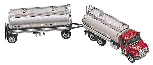 American Trucks - INTL 4300 3-Axle Double Tanker w/Trailer -- Red/Silver