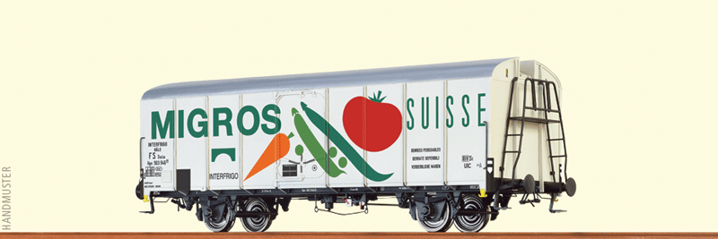 Type UIC Standard 1 Refrigerator Car - Ready to Run -- Migros SBB/FS #563 946 P (Era III, white, green, red, orange, Italian Letter