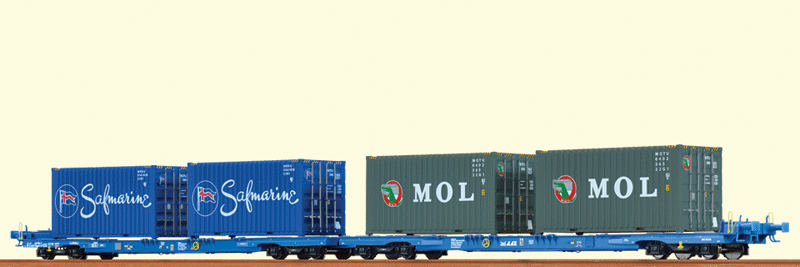 Type Sffggmrrss Megafret 2-Unit Container Flatcar w/4 Containers - Ready to Ru -- Ahaus-Altstatter-Eisenbahn AAE #33 68 490 9 883-3 (Era VI, blue)