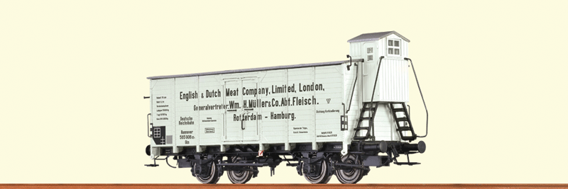 Wood Boxcar w/Handbrake Compartment - Ready to Run -- English & Dutch Meat Co. Hannover #565 906 P (Era II, white, black)