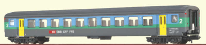 Type B EW II 2nd Class Coach - Ready to Run -- Swiss Railways SBB #50 85 20-34 565-5 (Era IV, gray, blue, green, yellow)