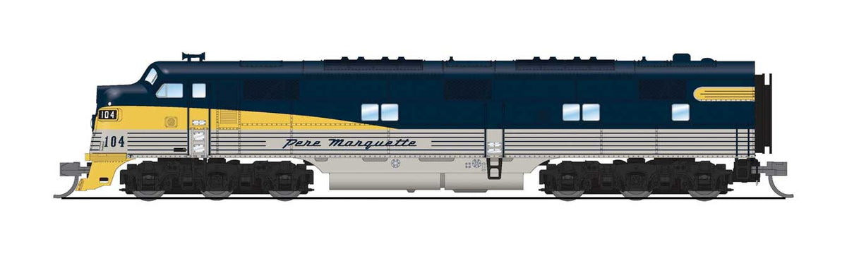 EMD E7A - Sound and DCC - Paragon4(TM) -- Pere Marquette #104 (blue, silver, yellow)