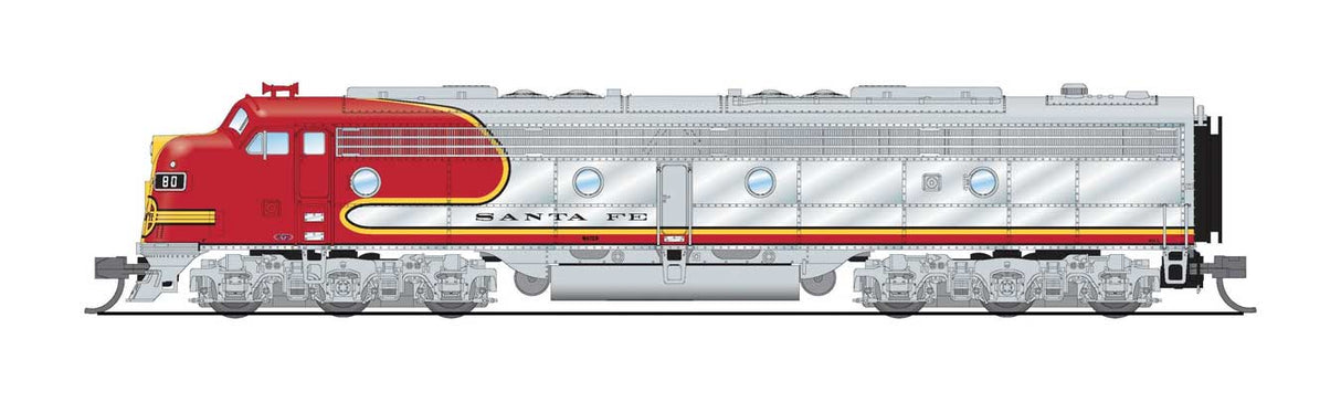 EMD E8A - Standard DC - Stealth -- Santa Fe #86L (1950s, Warbonnet, silver, red)