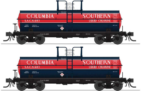 6000-Gallon Chlorine Tank Car 2-Pack - Ready to Run -- Columbia Southern SACX #631, 633 (dark blue, red, white)