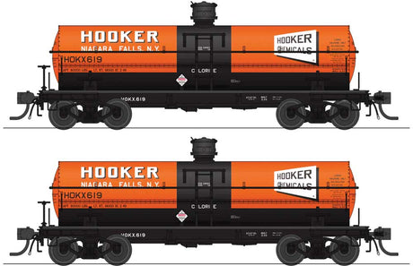 6000-Gallon Chlorine Tank Car 2-Pack - Ready to Run -- Hooker Chemical HOKX #688, 689 (Billboard Scheme, orange, black, white)