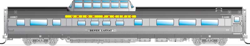 Ex-California Zephyr Budd Vista Dome Coach - Ready to Run -- Union Pacific "Silver Lariat" (silver, Armour Yellow, gray)
