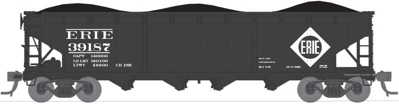 ARA/AAR 70-Ton 4-Bay Hopper w/Load 4-Pack - Ready to Run -- Erie Set A (black, Large Diamond Logo)